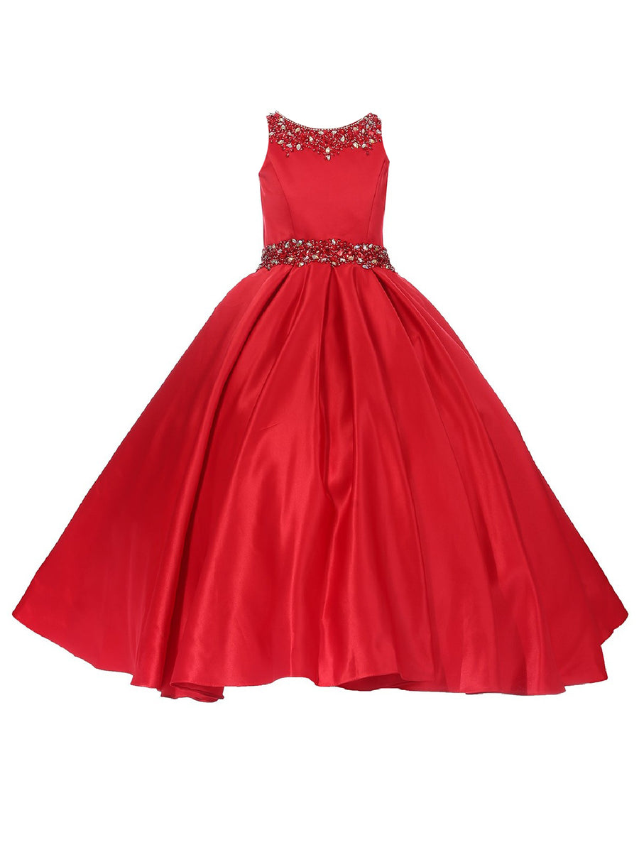 Little Girls Red Shimmery Beaded Pleated Dull Satin Flower Girl Dress 2-6