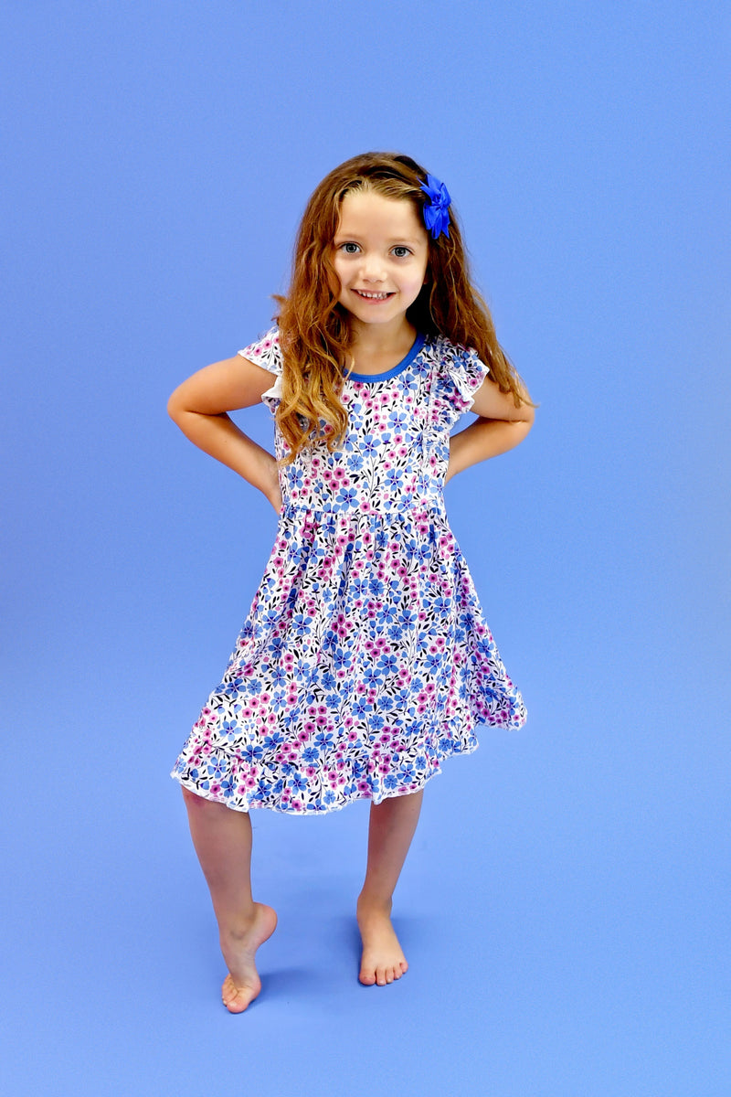 Blue and Purple Floral Ruffle Milk Silk Tank Dress