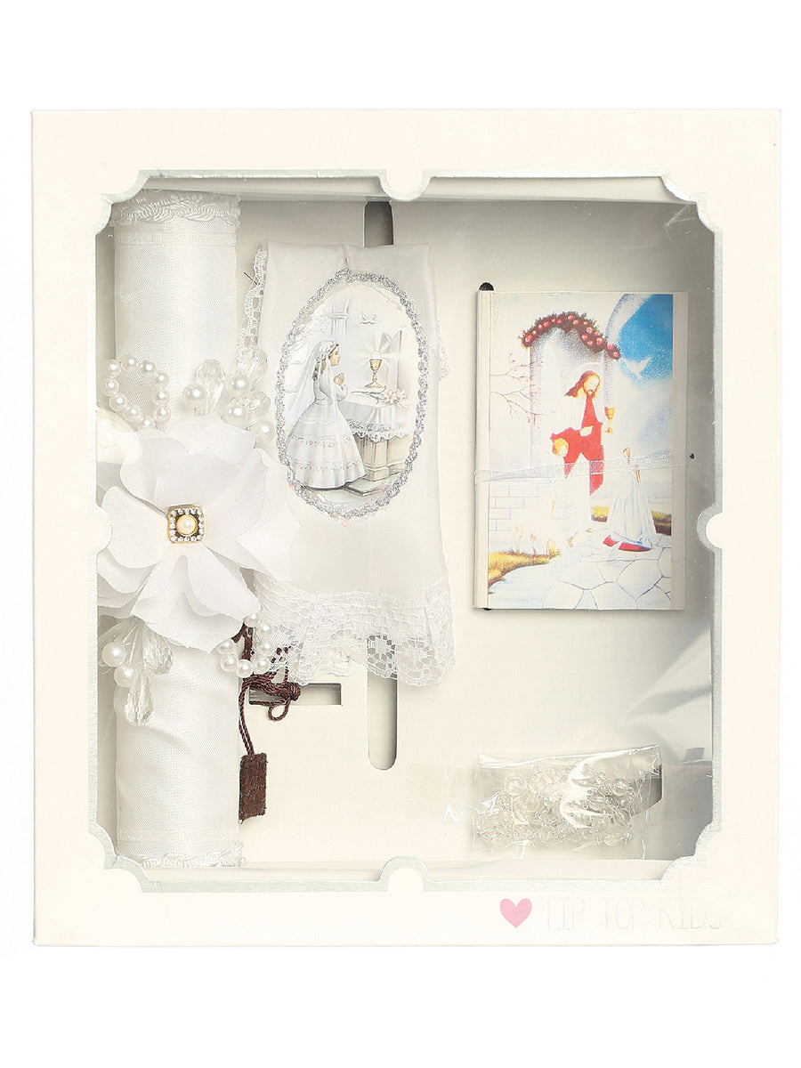 Girls White Pearl Rhinestone Flower First Communion Candle Set English
