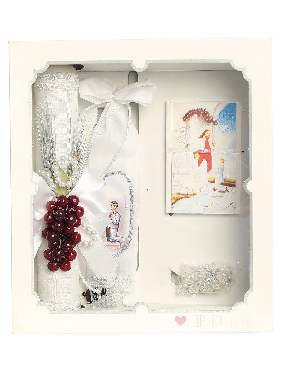 Boys White Pearl Silver Wheat First Communion Candle Set English