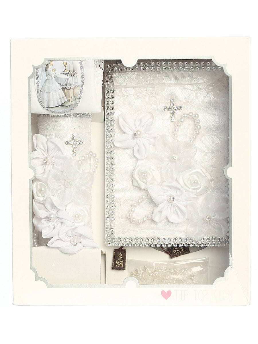 Girls White Pearl Rhinestone Cross 3D Flower First Communion Candle Set English