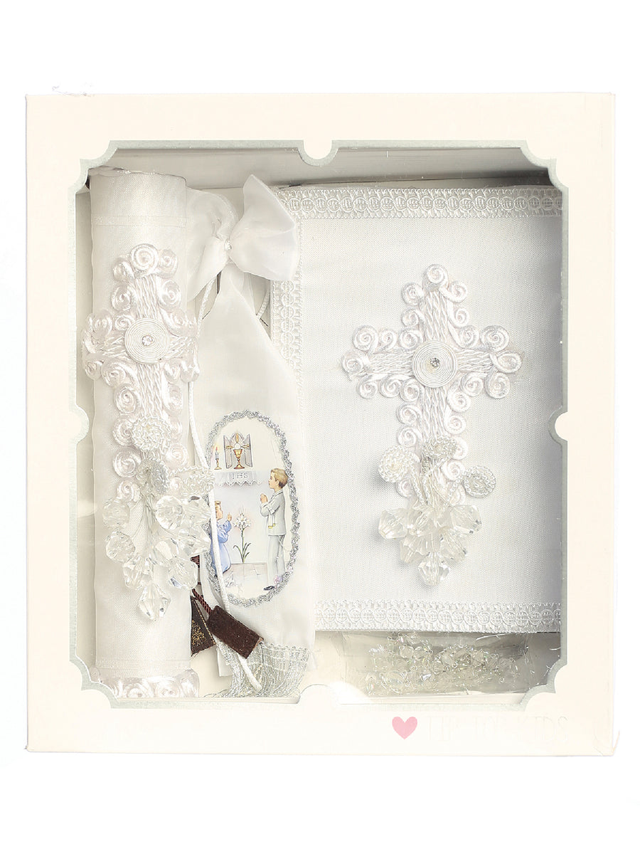 Boys White Adornment Embroidered Cross Communion Candle Set Spanish