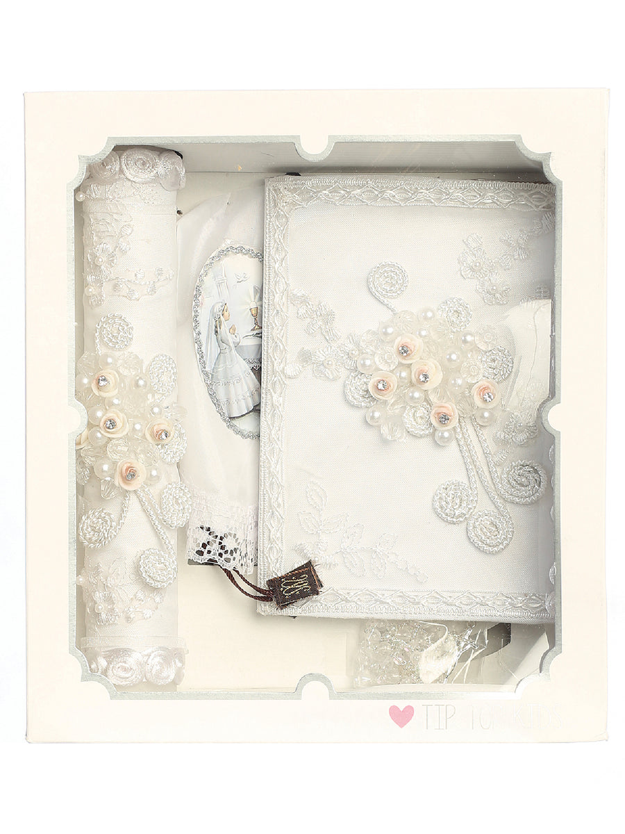 Girls White Pearl Rhinestone Embroidered First Communion Candle Set English