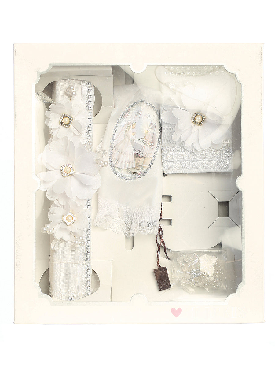 Girls White Pearl Rhinestone 3D Flower Lace First Communion Candle Set English