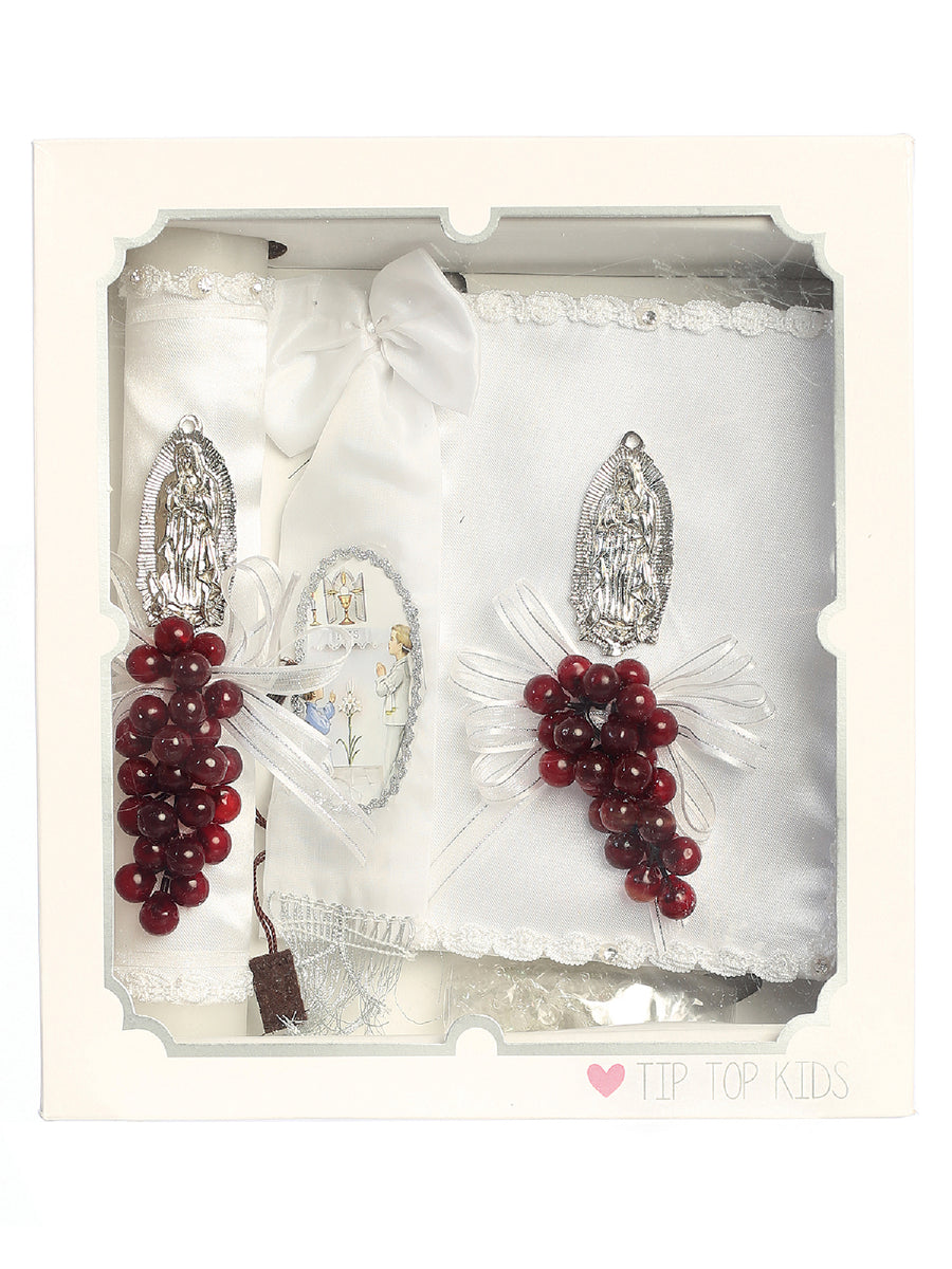 Boys White Rhinestone Virgin Mary Ribbon Flower Communion Candle Set Spanish