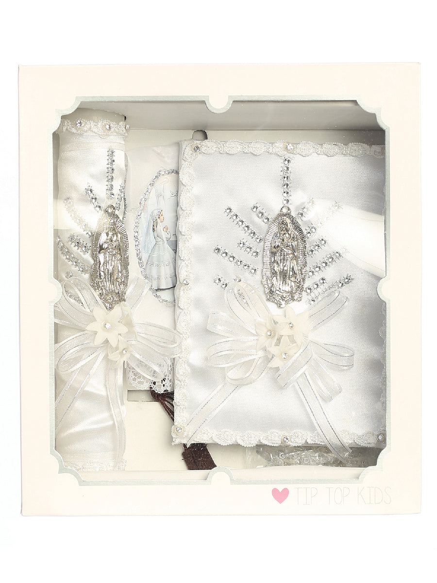 Girls White Rhinestone Virgin Mary Ribbon Flower Communion Candle Set English