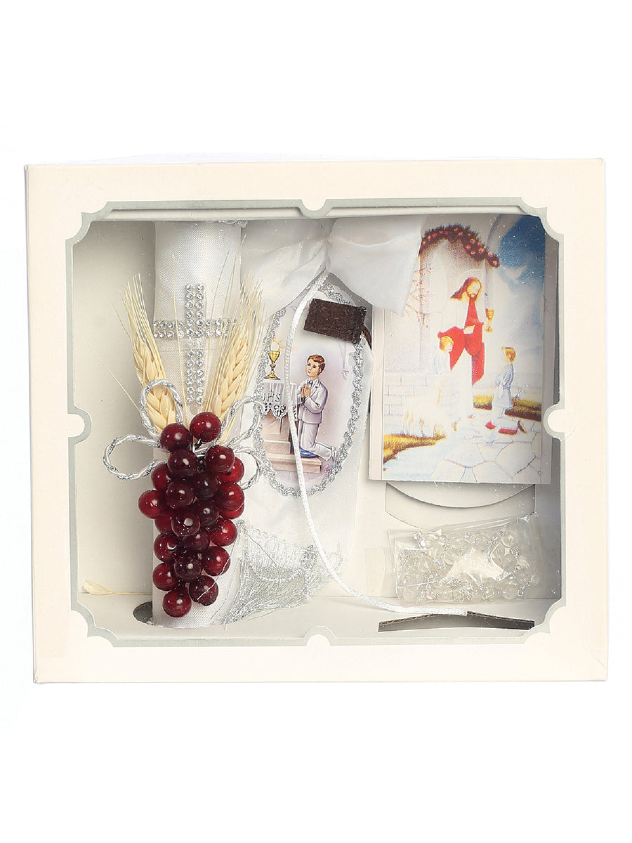 Boys White Silver Rhinestone Cross First Communion Candle Set Spanish