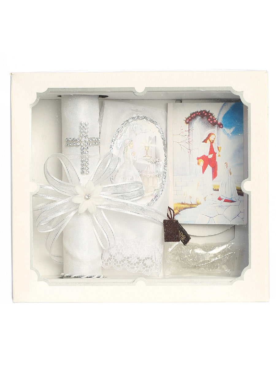 Girls White Rhinestone Cross Ribbon Flower First Communion Candle Set English
