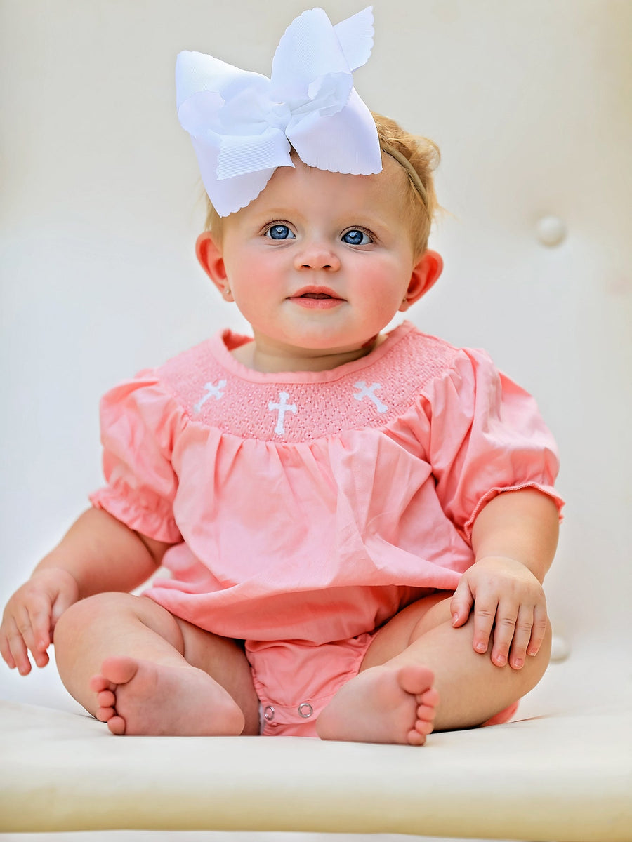 CORAL Smocked Church Christ Bishop Christening Girls Romper
