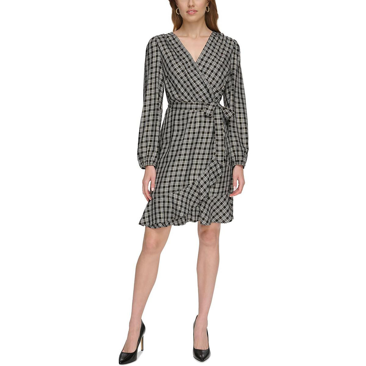 Checker Ruffle Hem Wrap Dress
