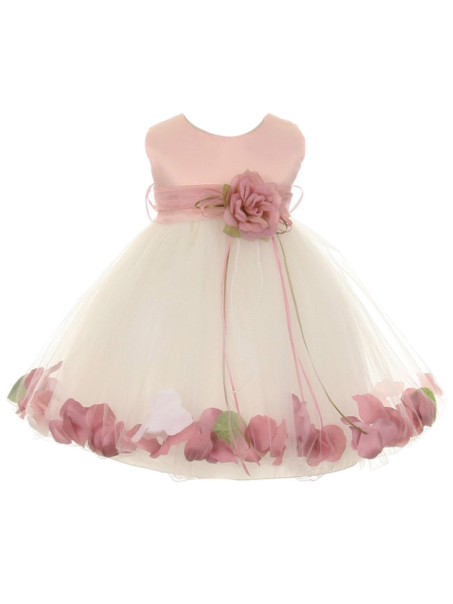 Baby Girl Ivory Rose Top Satin Floating Petals Organza Sash Flower Girl Dress 6-24M
