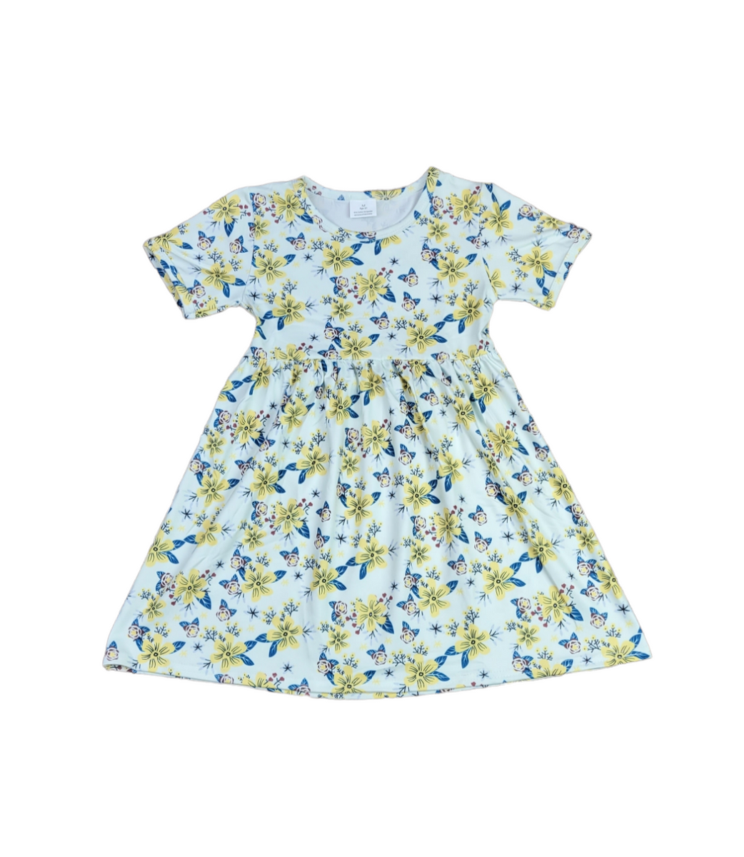Yellow Floral Short Sleeve Milk Silk Dress