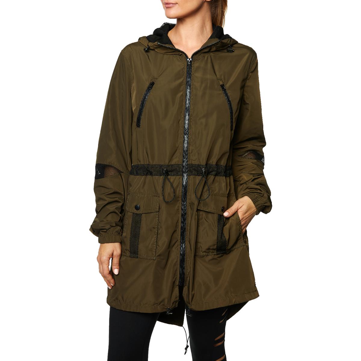 Betsey Johnson Mesh Panel Split Hem Mid-Length Lightweight Hooded Parka Jacket