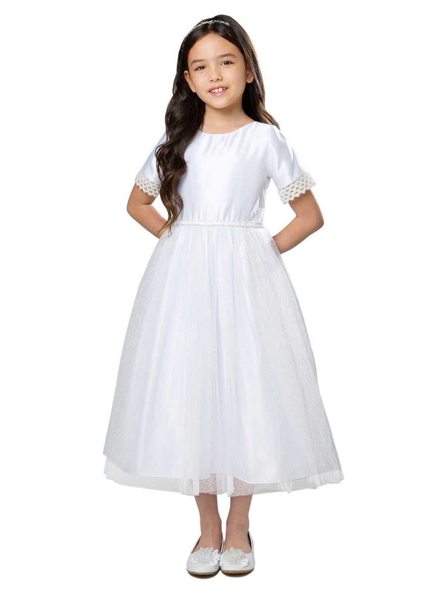 Girls White Beaded Sleeve Waist Satin Crystal Tulle Communion Dress 6-16