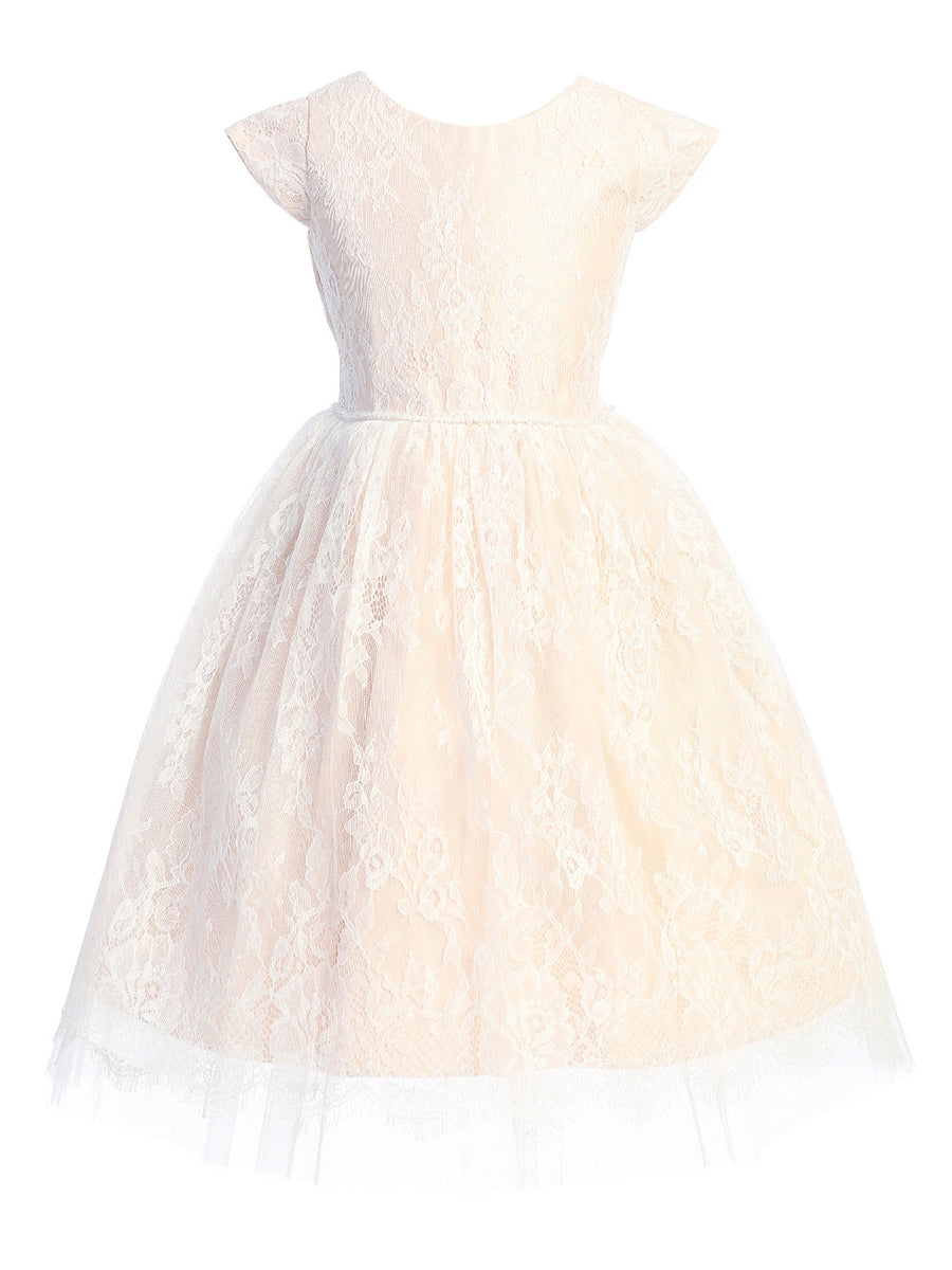 Girls Blush French Lace Peek A Boo Tulle Junior Bridesmaid Dress 7-16