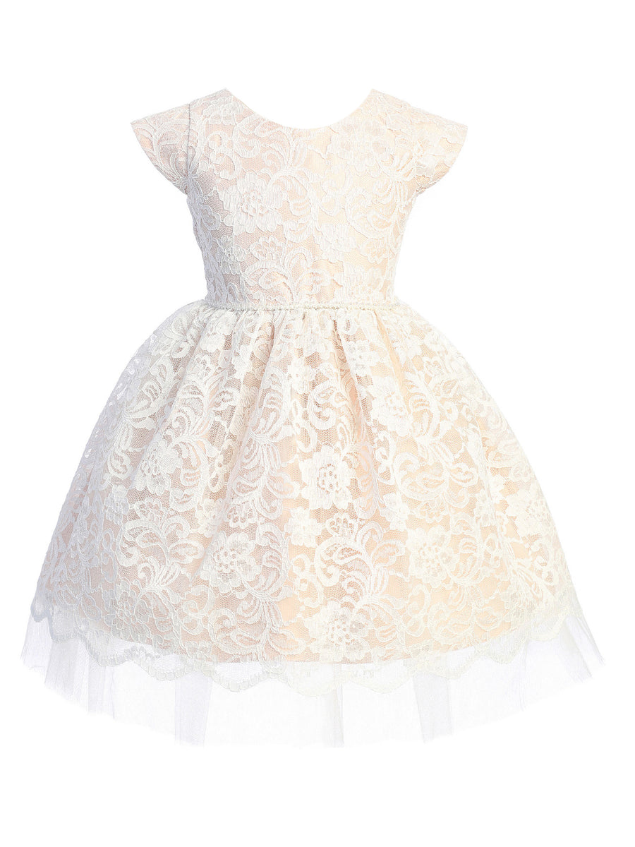 Girls Blush Pearl Trim Floral Lace Crystal Tulle Junior Bridesmaid Dress 7-16