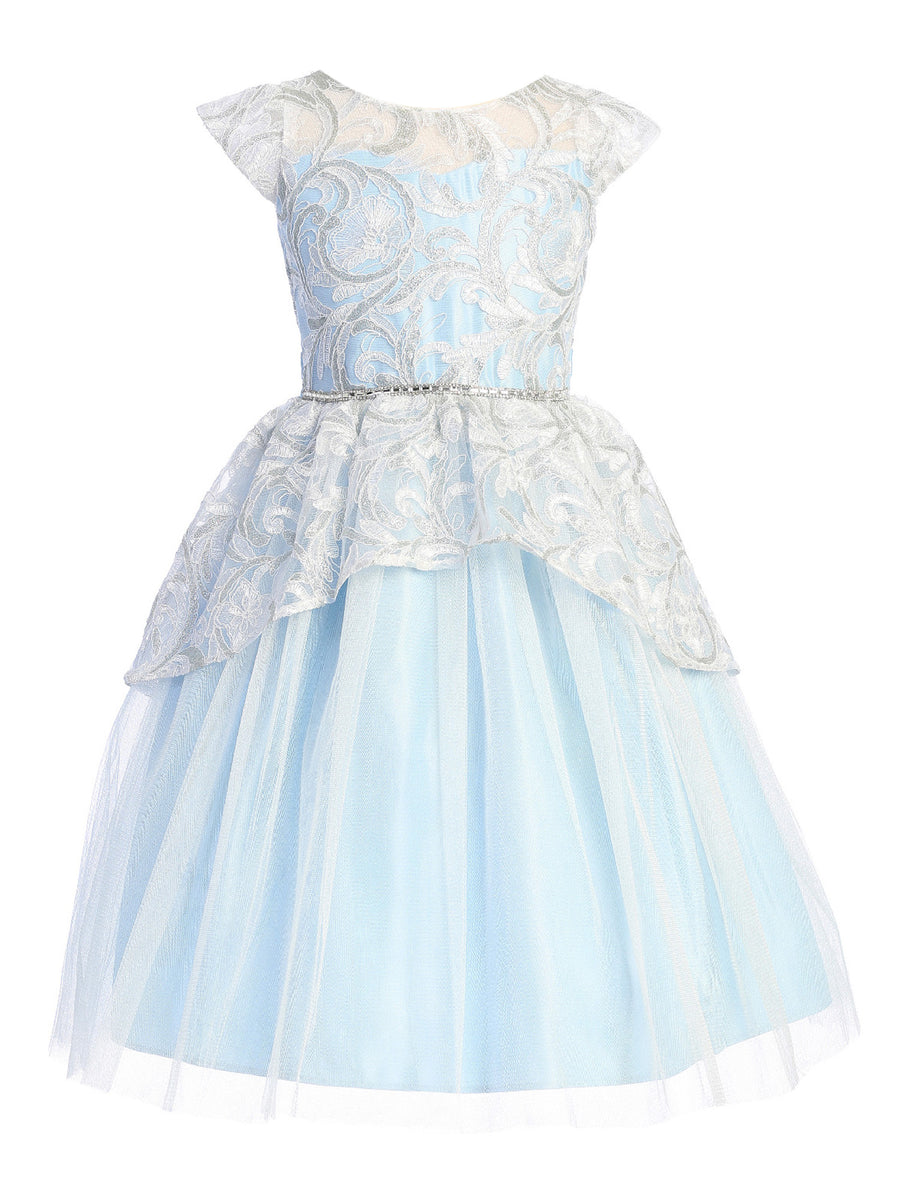 Big Girls Light Blue Lace Peplum Crystal Tulle Junior Bridesmaid Dress 7-16