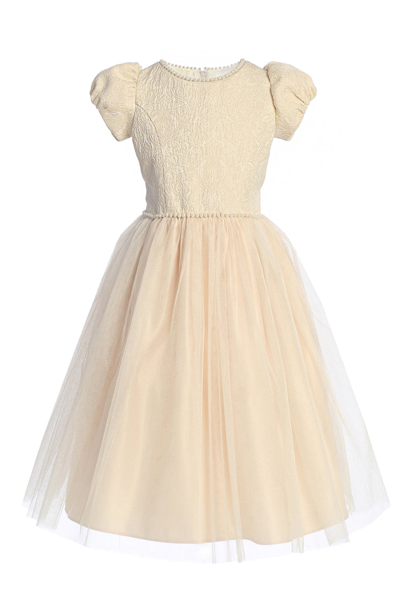 Girls Elegant Jacquard & Tulle Princess Dress with Pearl Details 2-16