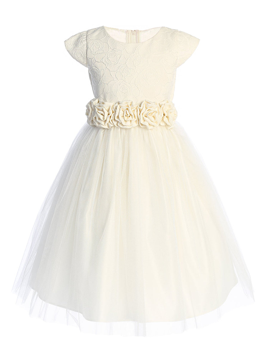 Girls Ivory Rose Jacquard Party Dress with Satin Crystal Tulle Skirt & Rosette Waistband – Tea Length 2-16