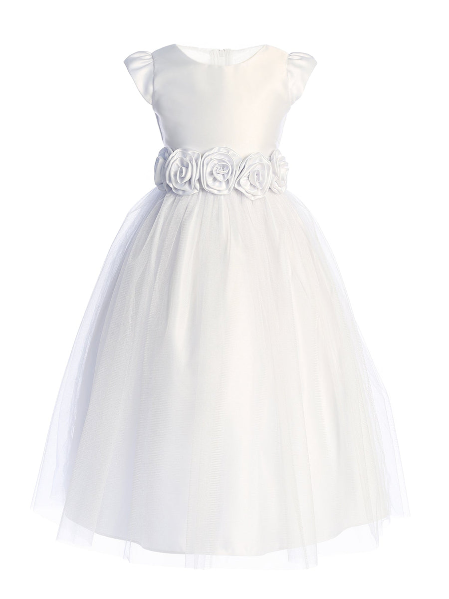 Girls Satin & Crystal Tulle Dress with Rosette Waistband 2-16