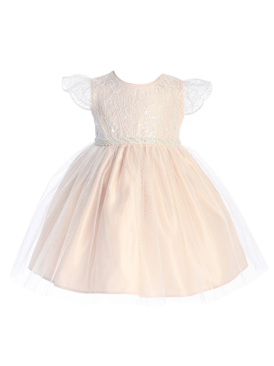 Baby Girls Blush Cord Sequin Embroidered Lace Flower Girl Dress 6-24 Months