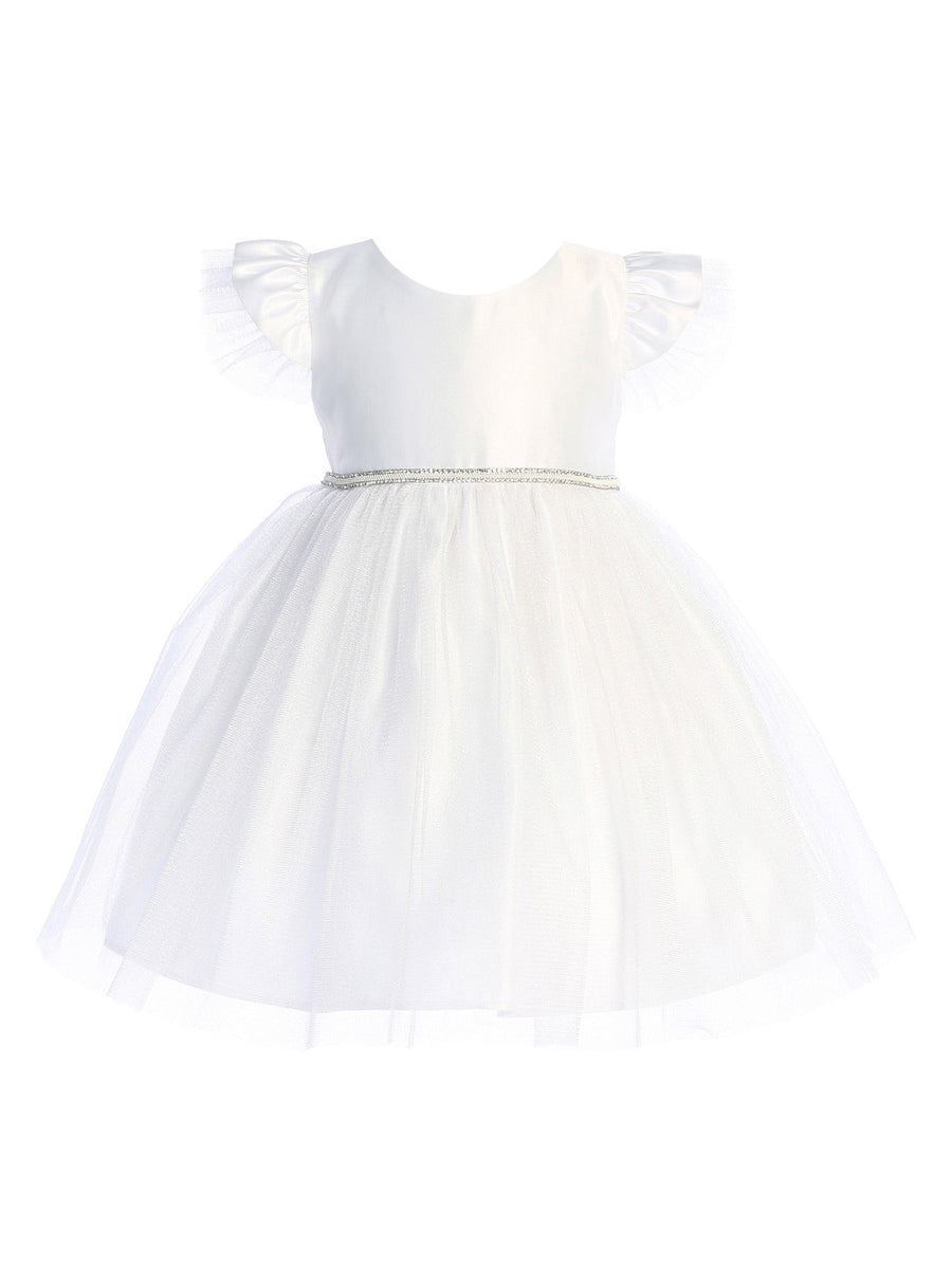 Baby Girls White Satin Tulle Flutter Sleeve Flower Girl Dress 6-24Months
