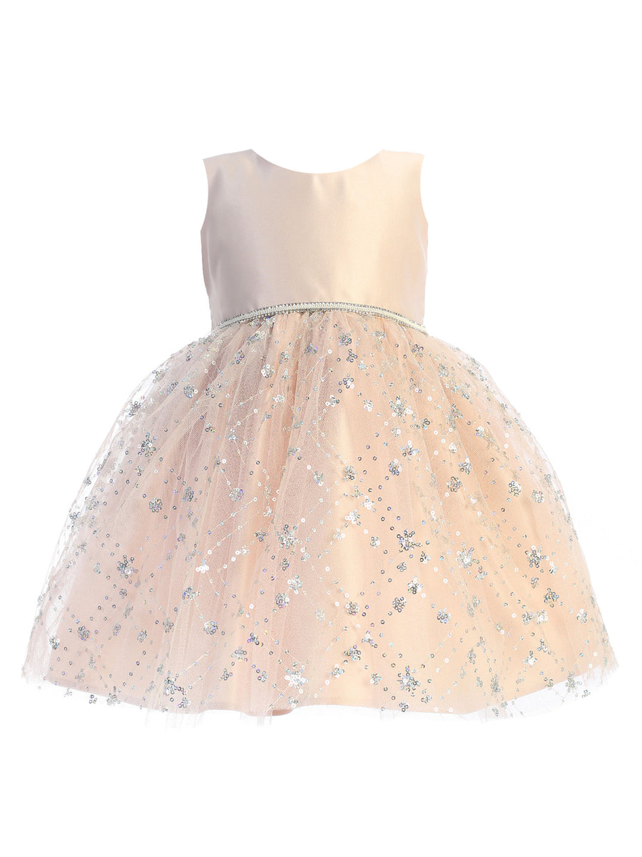 Baby Girls Blush Satin Diamond Sequin Tulle Flower Girl Dress 6-24 Months