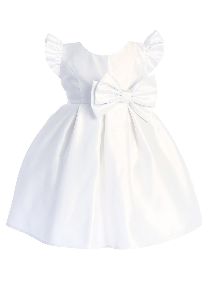 Baby Girls White Flutter Sleeve Pleated Satin Flower Girl Dress 6-24 Months