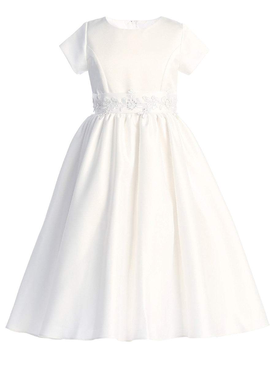 Girls White Satin Silver Corded Trim Waist Plus Size Communion Dress 10.5-20.5