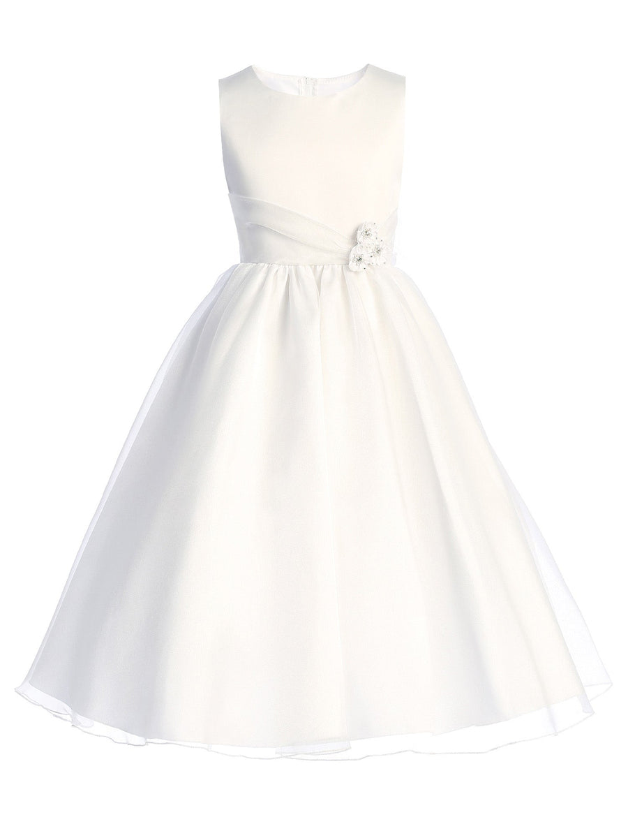 Girls White Satin Top Crystal Organza Skirt Plus Size Communion Dress 10.5-16.5