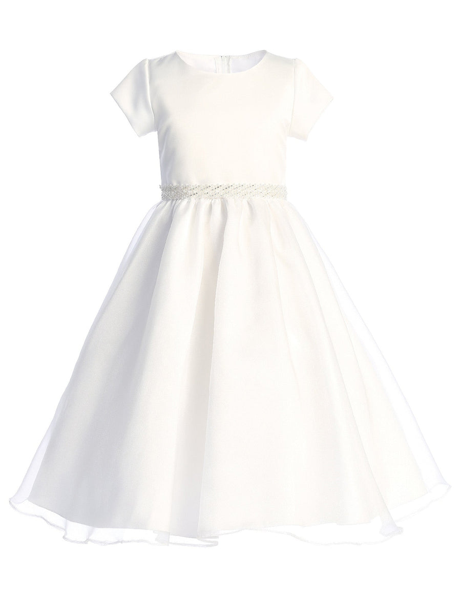Girls White Short Sleeve Crystal Organza Plus Size Communion Dress 10.5-16.5