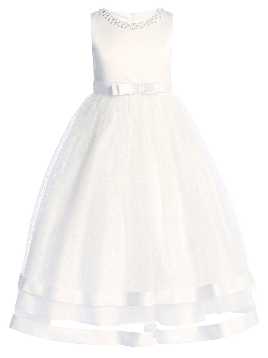 Girls White Pearl Neckline Glitter Tulle Communion Dress 6-12