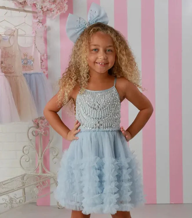 Girls Blue Sparkle Tulle Party Dress for Girls – Beaded Bodice & Ruffle Skirt, 12M-14
