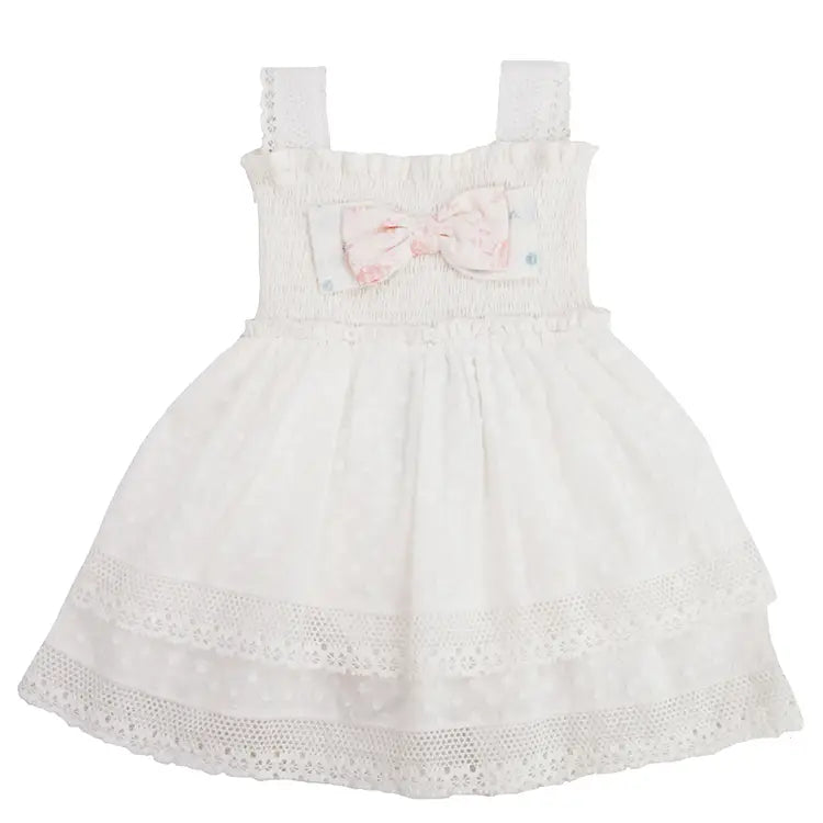 Beatrice Baby Girl Lace Onesie Dress – White Cotton Romper with Bow Detail 0-24M
