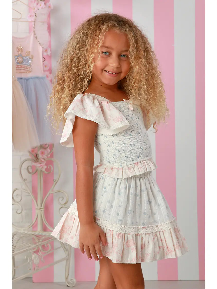 Girls Greer Girls Floral Smocked Skirt Set – Ruffle Sleeve Top & Tiered Skirt in Soft Pastels, Sizes 12M-14 (Copy)