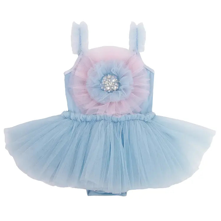 Sky Romper with Ruffle Flower and Sparkle Gem Detail Amelie Baby Party Onesie Dress 0-24M