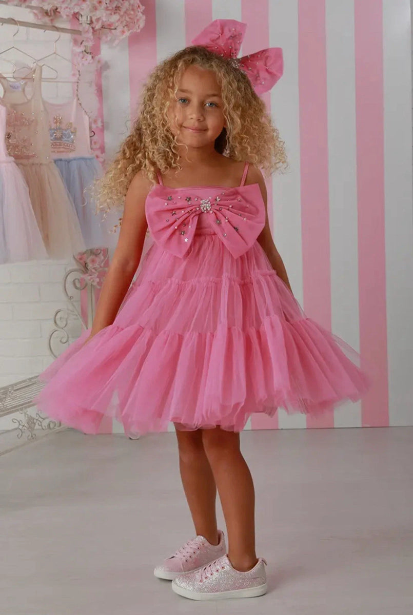 Girls Candy Pink Crystal Bow Tiered Babydoll Birthday Dress 12M-14