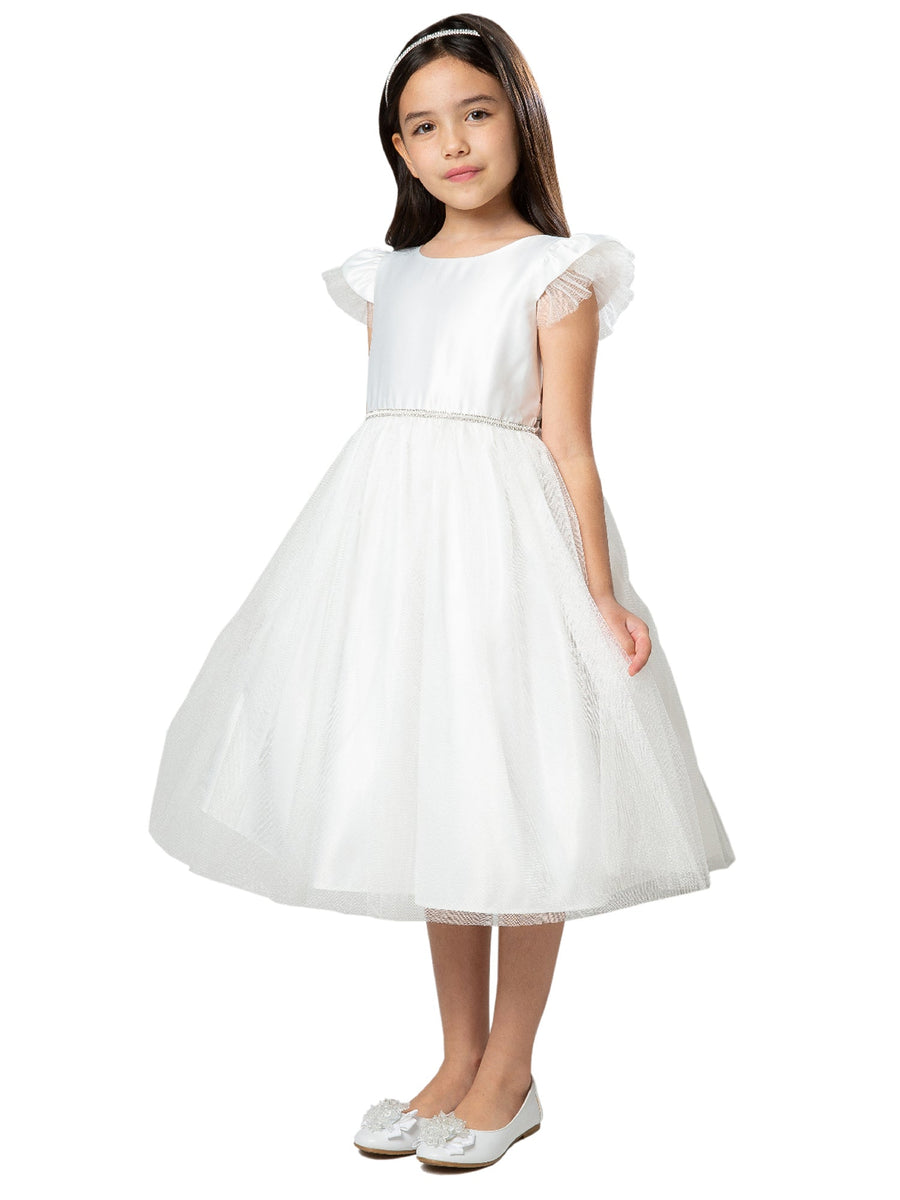 Girls Multi Color Satin Crystal Tulle Flutter Sleeve Flower Girl Junior Bridesmaid Dress 2-16