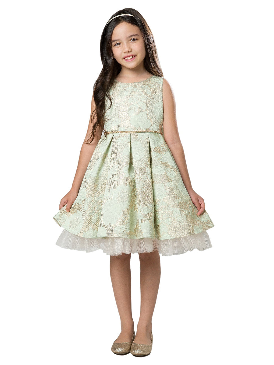 Girls Multi Color Floral Pleated Jacquard Crystal Tulle Flower Girl Dress 2-16