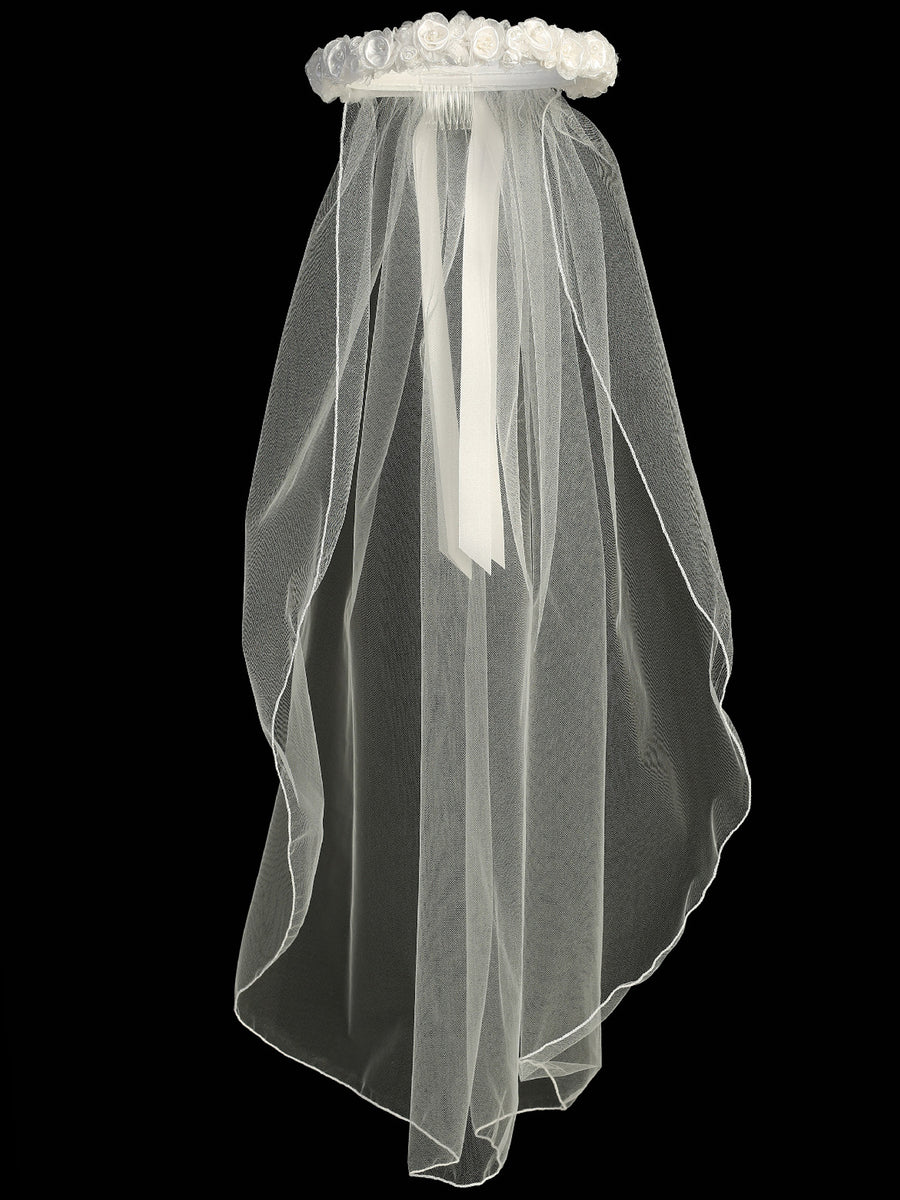 Girls Ivory 30 Inch Organza Flower Satin Ribbon Comb Communion Veil