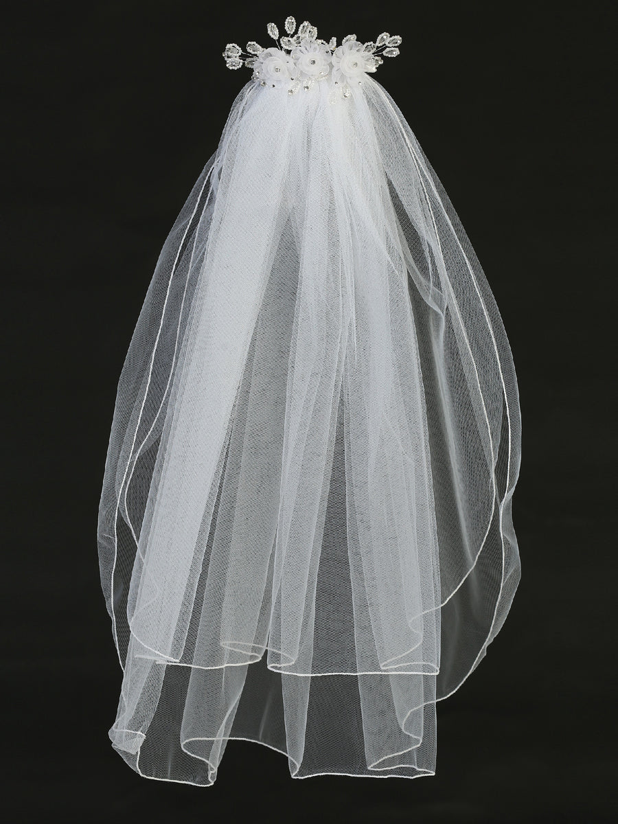 Girls White 24 Inch Rhinestone Pearl Organza Flower Comb Communion Veil