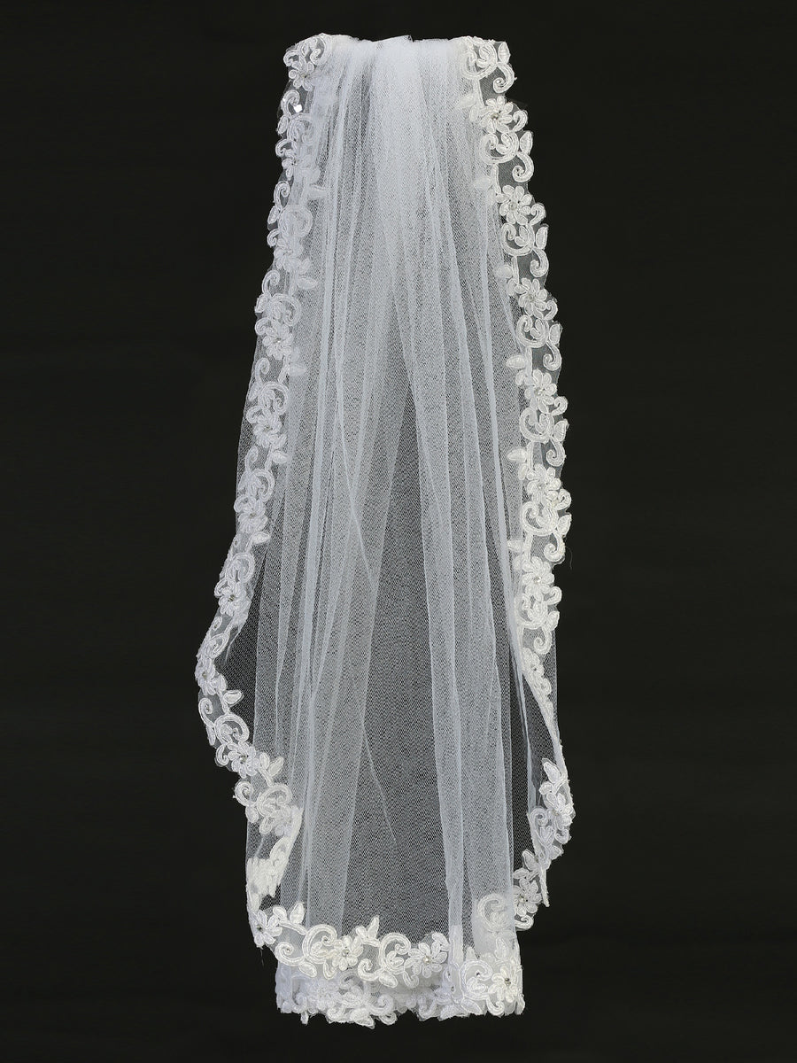 Girls White 24 Inch Corded Lace Trim Comb Communion Veil