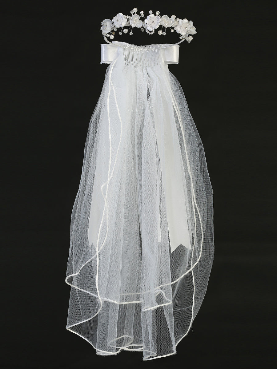 Girls White 24 Inch Pearl Rhinestone Organza Flower Bow Communion Veil