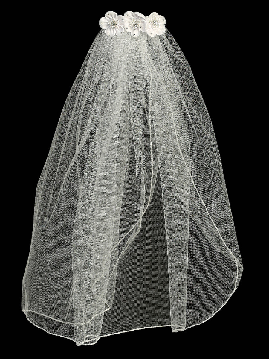 Girls White 18 Inch Rhinestone Pearl Satin Flower Comb Communion Veil