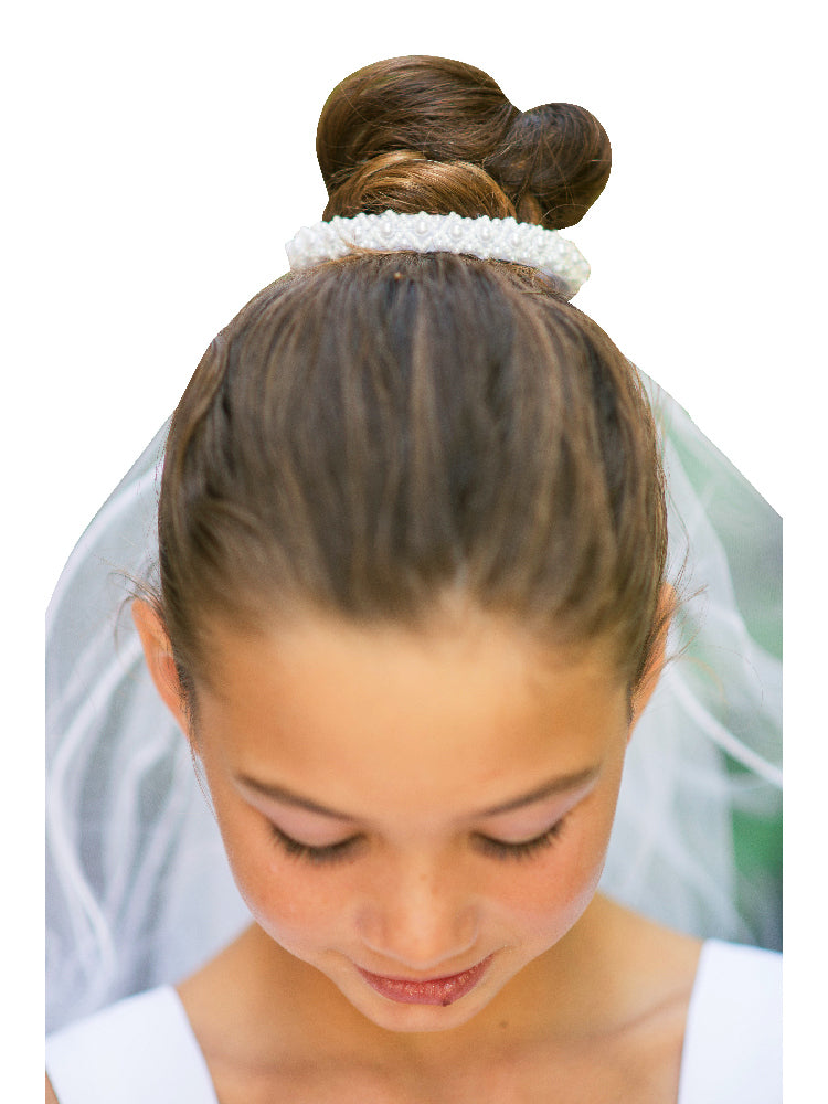 Girls White Pearl Bun Communion Flower Girl Veil
