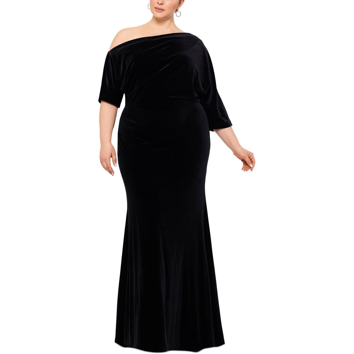 Plus Velvet One Shoulder Evening Dress