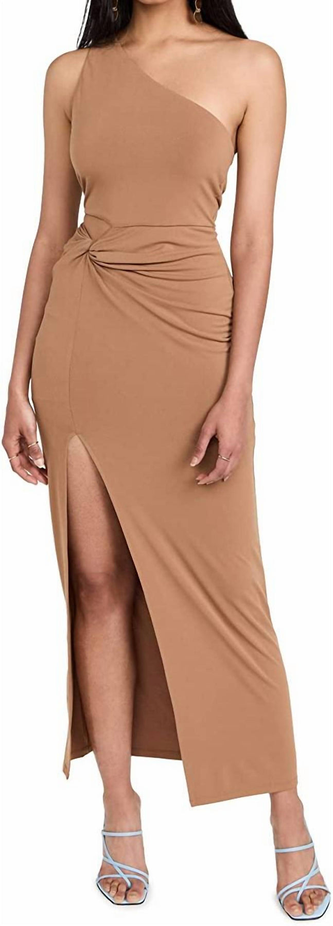 Ashby Front Twist Hip Cutout Midi Dress In Camel Tan