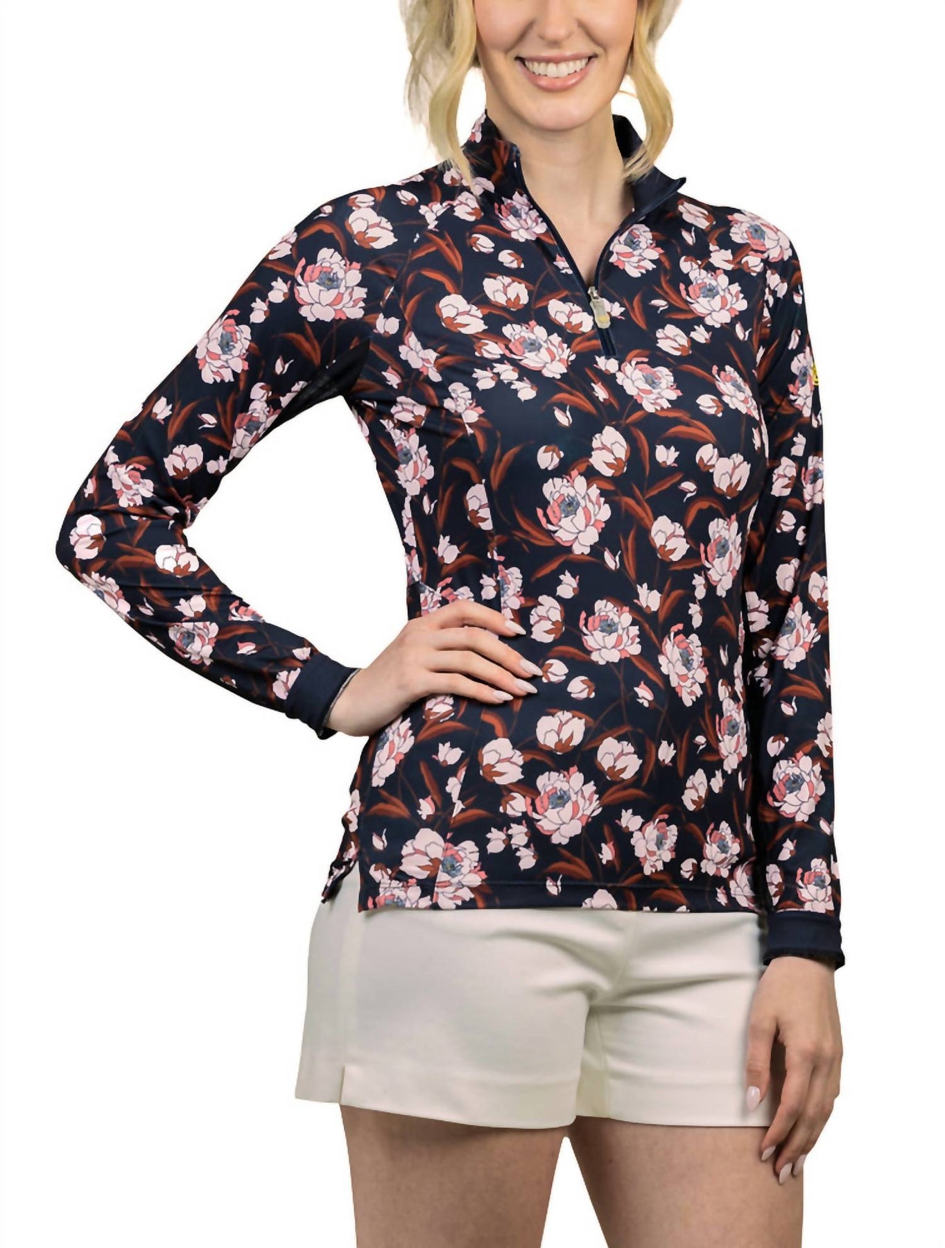 1/4 Zip Long Sleeve Sun Shirt In Navy Peonies 7760278585404
