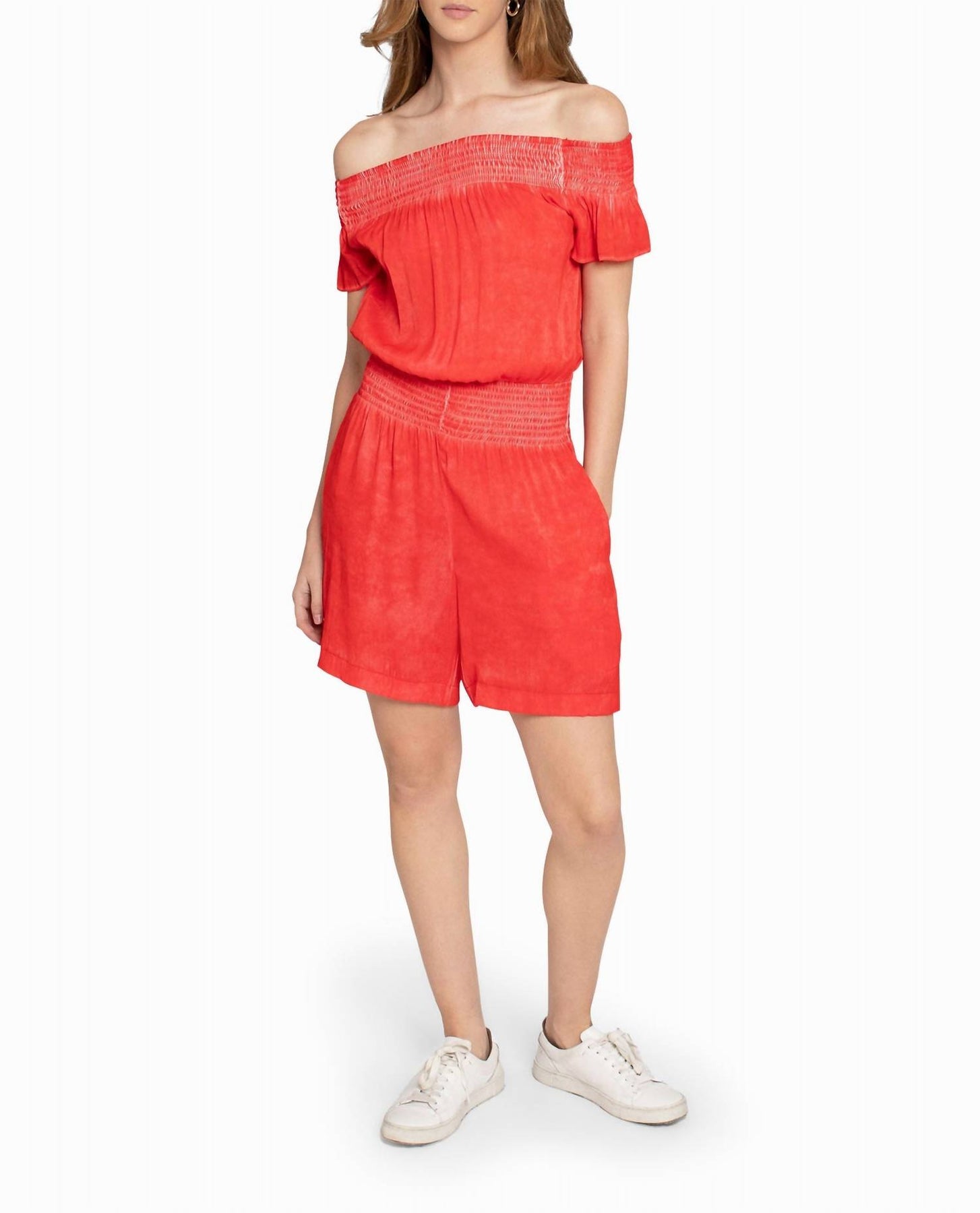 Garment Dyed Off The Shoulder Romper In Poppy 7686641811516