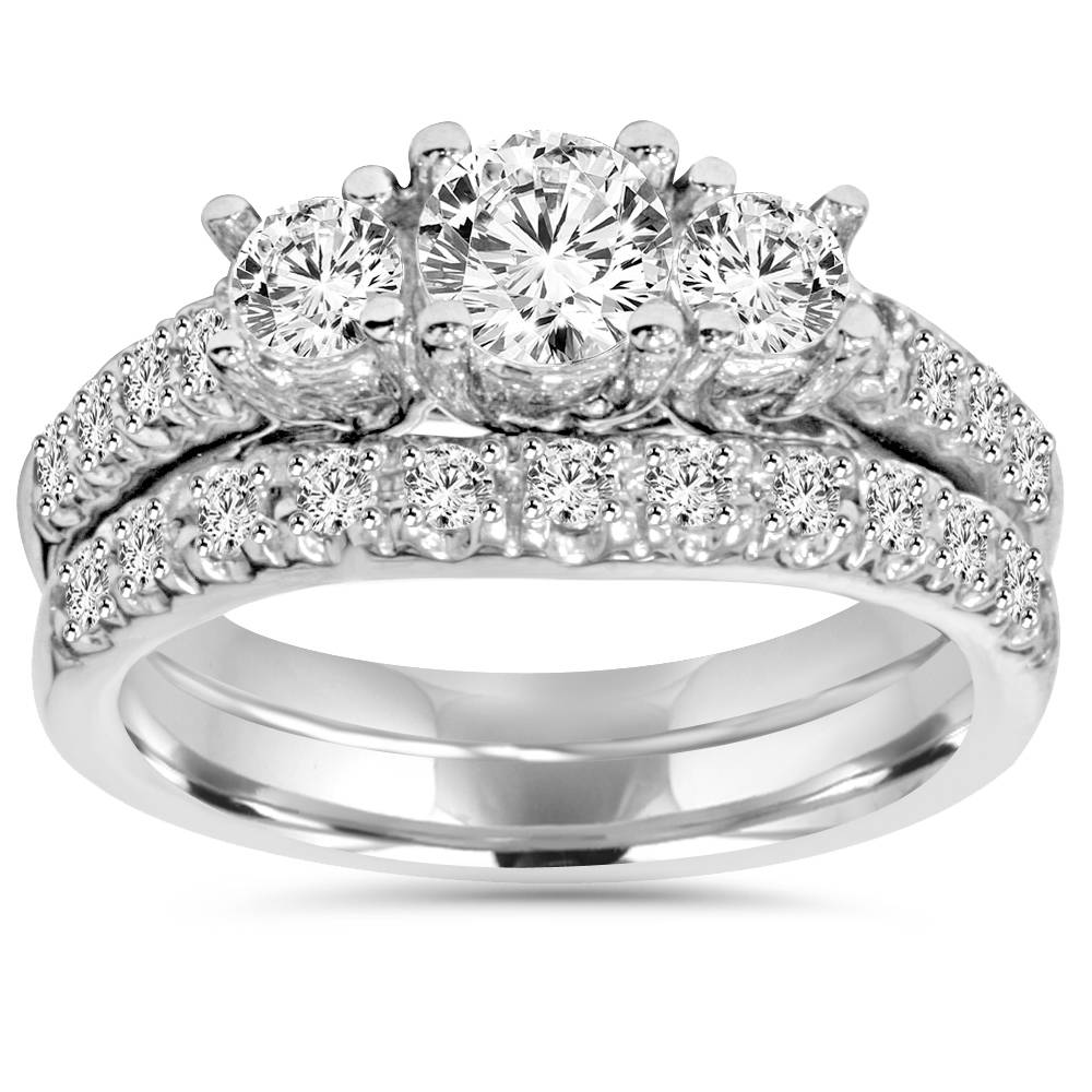 1 5/8ct Diamond Engagement 3-Stone Ring & Matching Wedding Band 14K White Gold 7688334835772